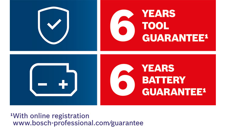 Bosch Professional guarantee: 6 years for tools and batteries in red and blue design.