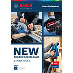 A Bosch Professional product catalog featuring images of tools, including a circular saw and a nailer, with a blue and black color scheme. The cover has the title "NEW PRODUCT CATALOGUE" prominently displayed.