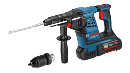 A blue Bosch Professional cordless hammer drill with a removable chuck beside it.