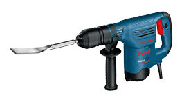 A blue Bosch Professional rotary chisel with a metal chisel attachment on a white background.