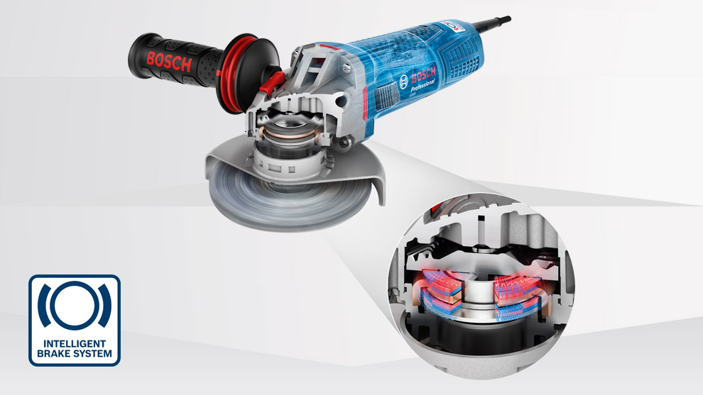 A blue Bosch Professional angle grinder shows its inner workings and brake system.