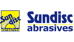 Sundisc Abrasives logo with yellow background and blue text, circular sandpaper design.