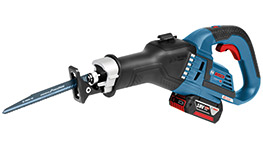 A blue Bosch Professional reciprocating saw with battery, angled on a white background.
